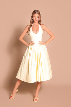 Buttercream Yellow halter midi dress with fitted waist 