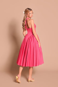 Winterberry Red halter midi dress with fitted waist 