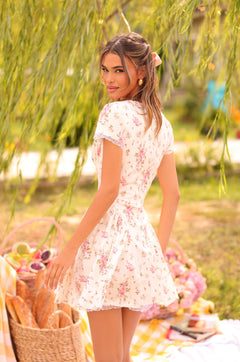 Off-White Pink floral short-sleeve mini dress with bow front 