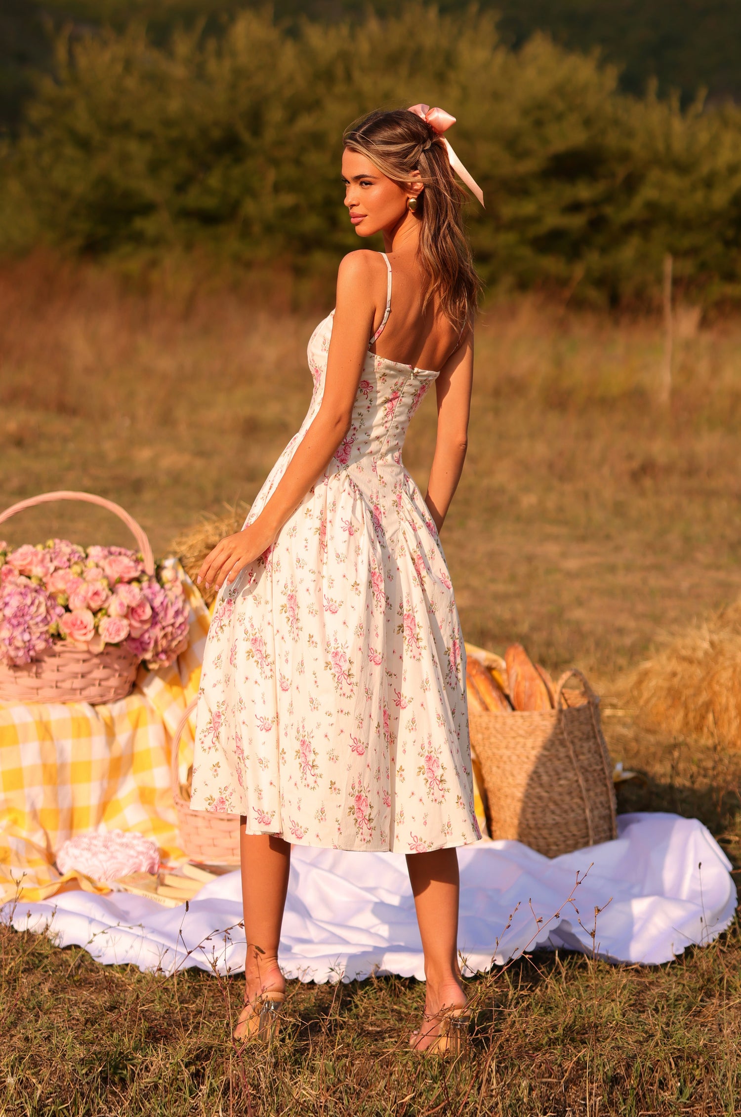 Off-White Pink floral corset midi dress with spaghetti straps 