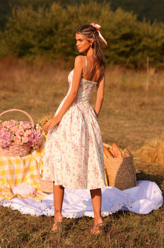Off-White Pink floral corset midi dress with spaghetti straps 