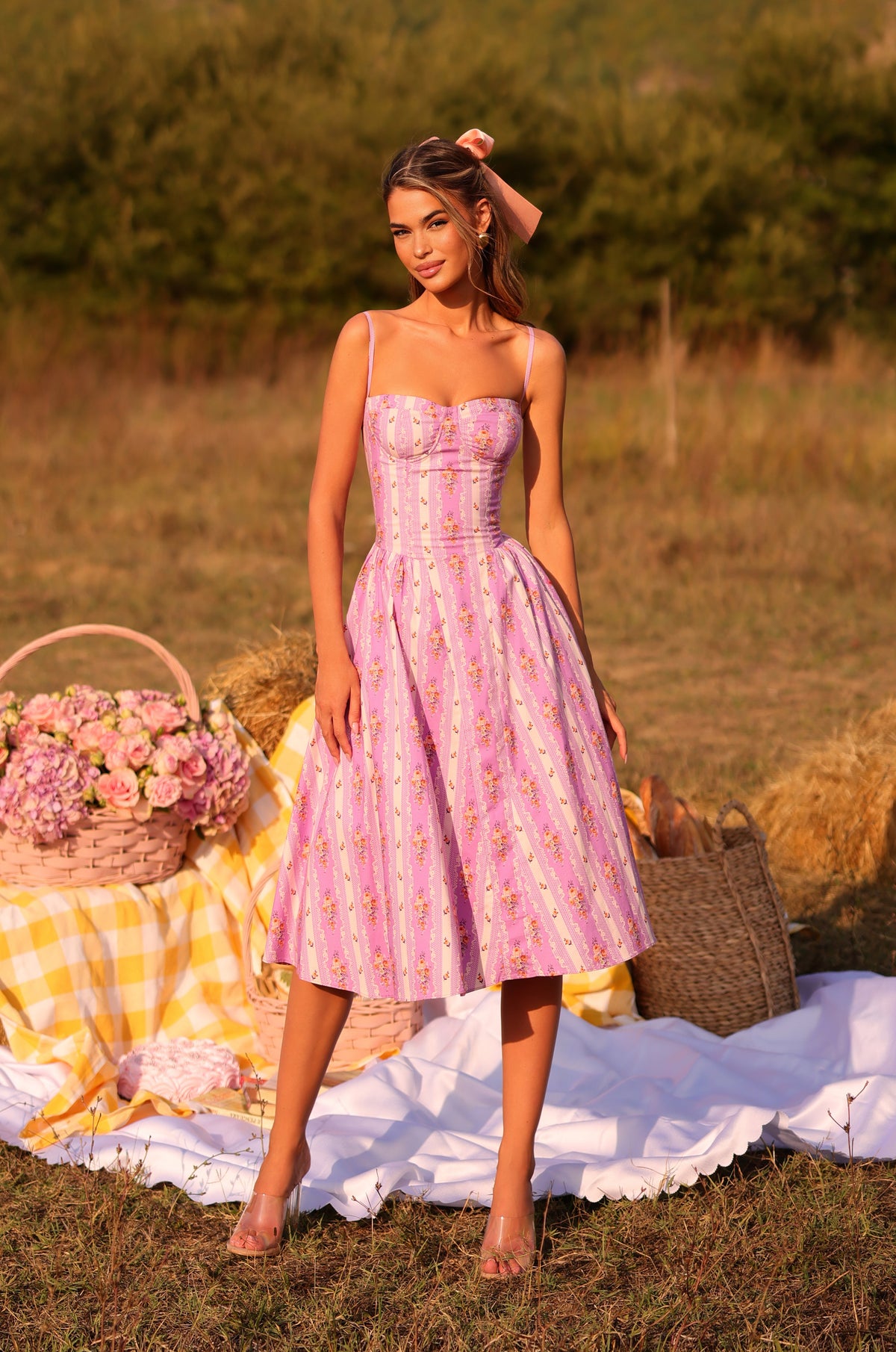Lilac Floral Casual Midi Dress with Stripes Lilac Floral / Small