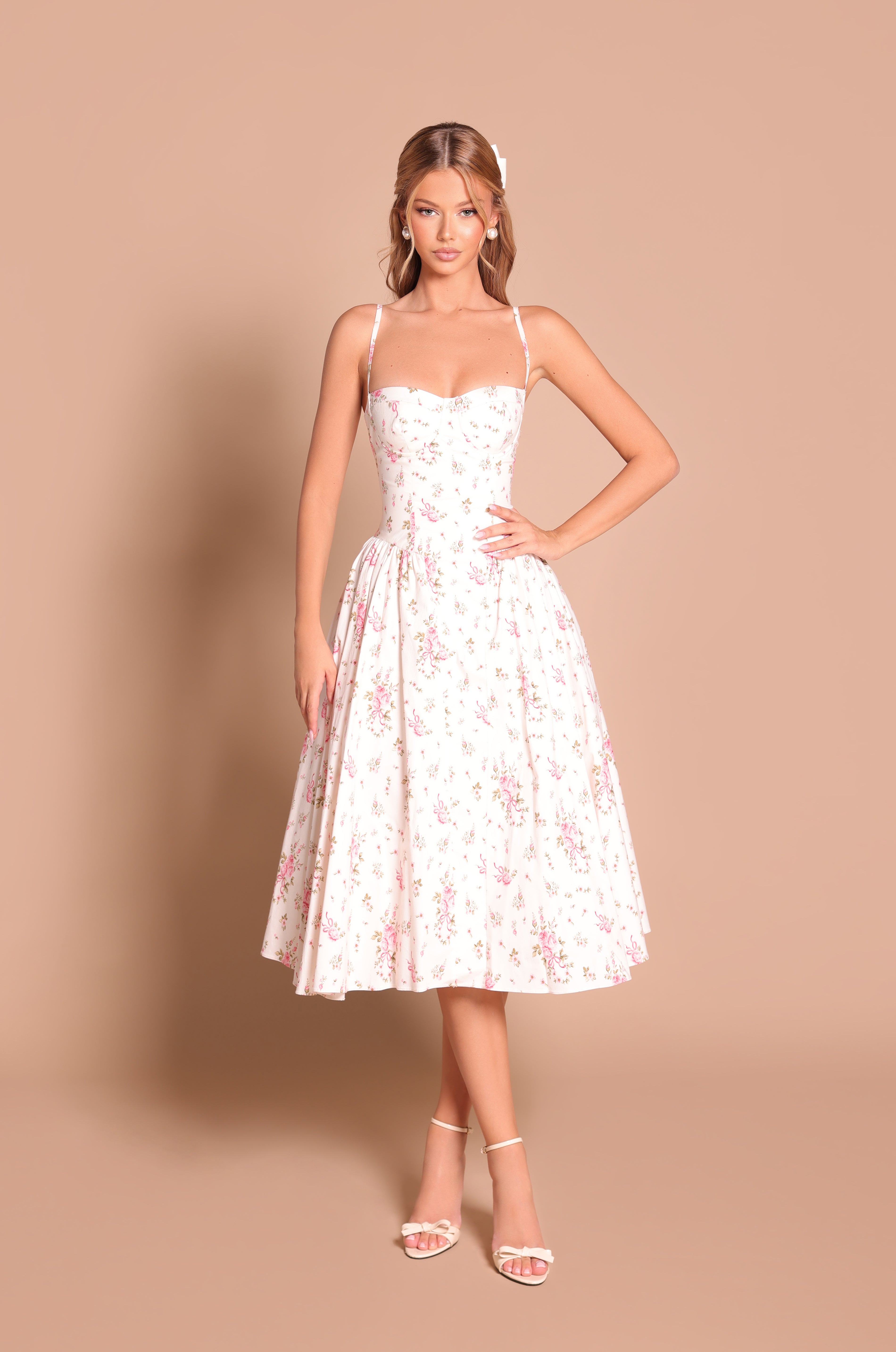 Cream White Casual Midi Dress with Floral Print PromGirl Cream White Casual Midi Dress with Floral Print PromGirl