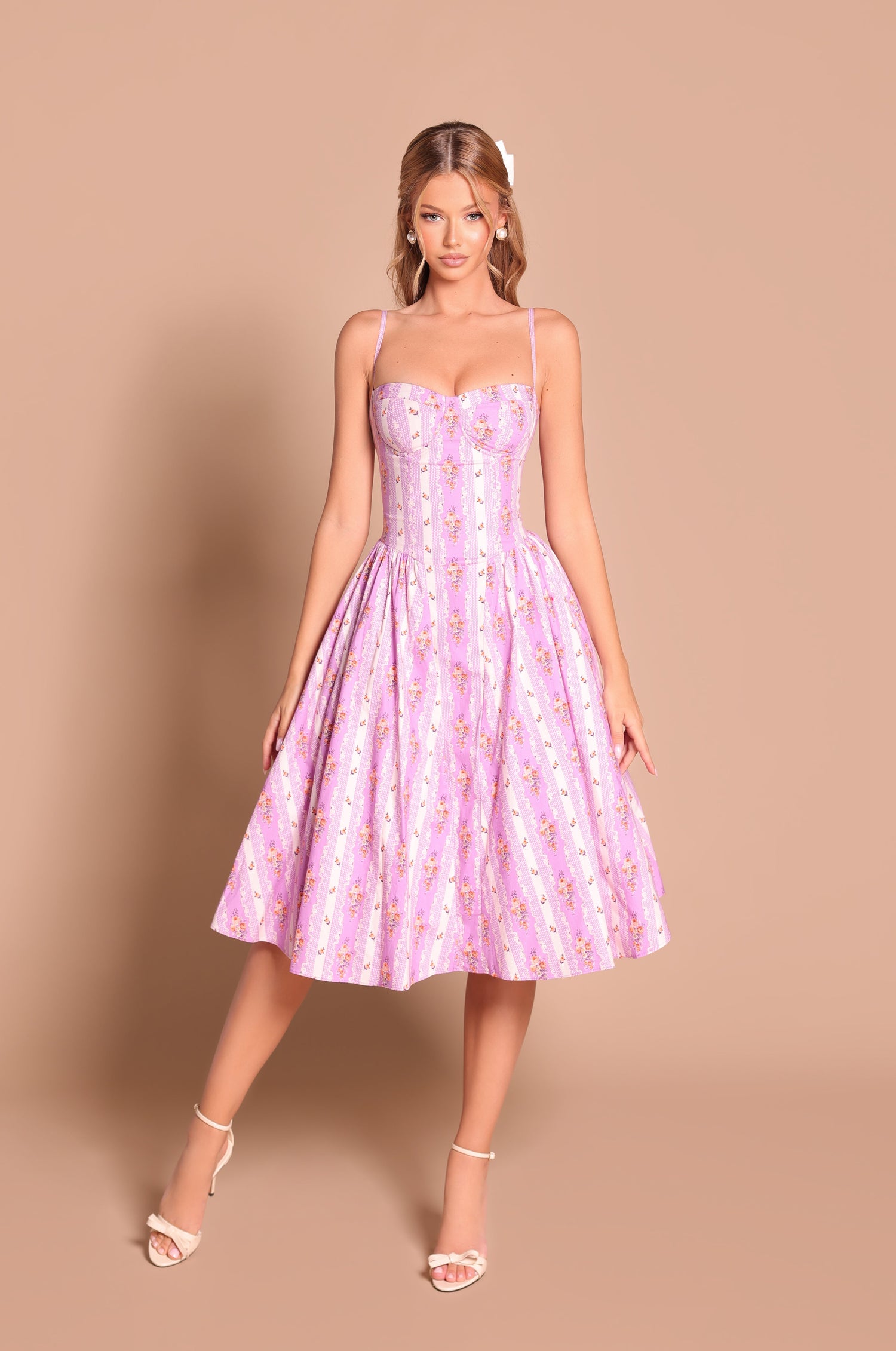 Lilac Floral Casual Midi Dress with Stripes Lilac Floral / Small Lilac Floral Casual Midi Dress with Stripes Lilac Floral / Small