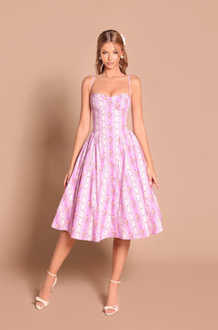 Lilac Floral Casual Midi Dress with Stripes– PromGirl