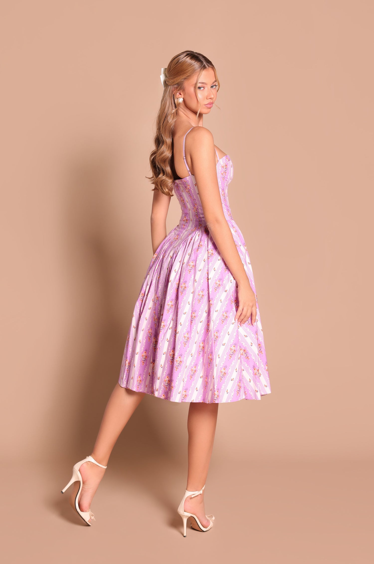 Lilac Floral Casual Midi Dress with Stripes Lilac Floral / Small Lilac Floral Casual Midi Dress with Stripes Lilac Floral / Small