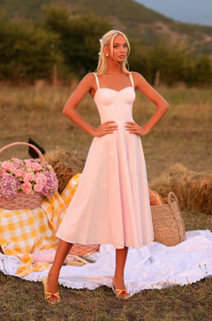 Primrose pink corset midi dress with sweetheart neckline 