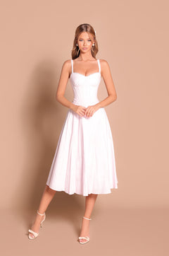 Primrose pink corset midi dress with sweetheart neckline 