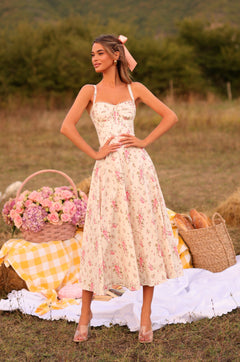 Floral A-Line Cream Midi Cottagecore Corset Dress Cream White Floral / Large