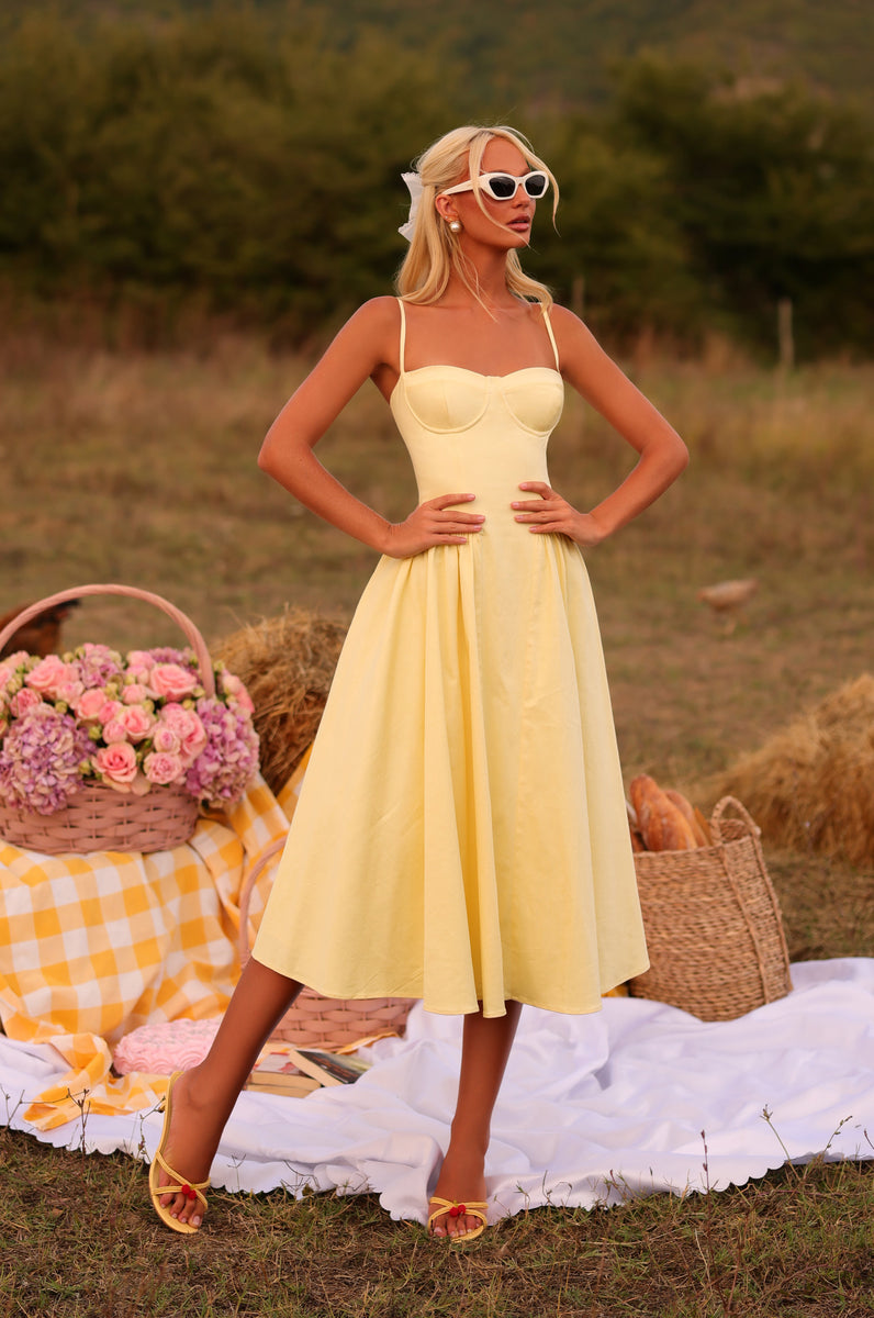 ladies yellow midi dress Buttercup A-Line Casual Summer Buttercup / Medium Asymmetric One‑Shoulder Halter Wrap Neck