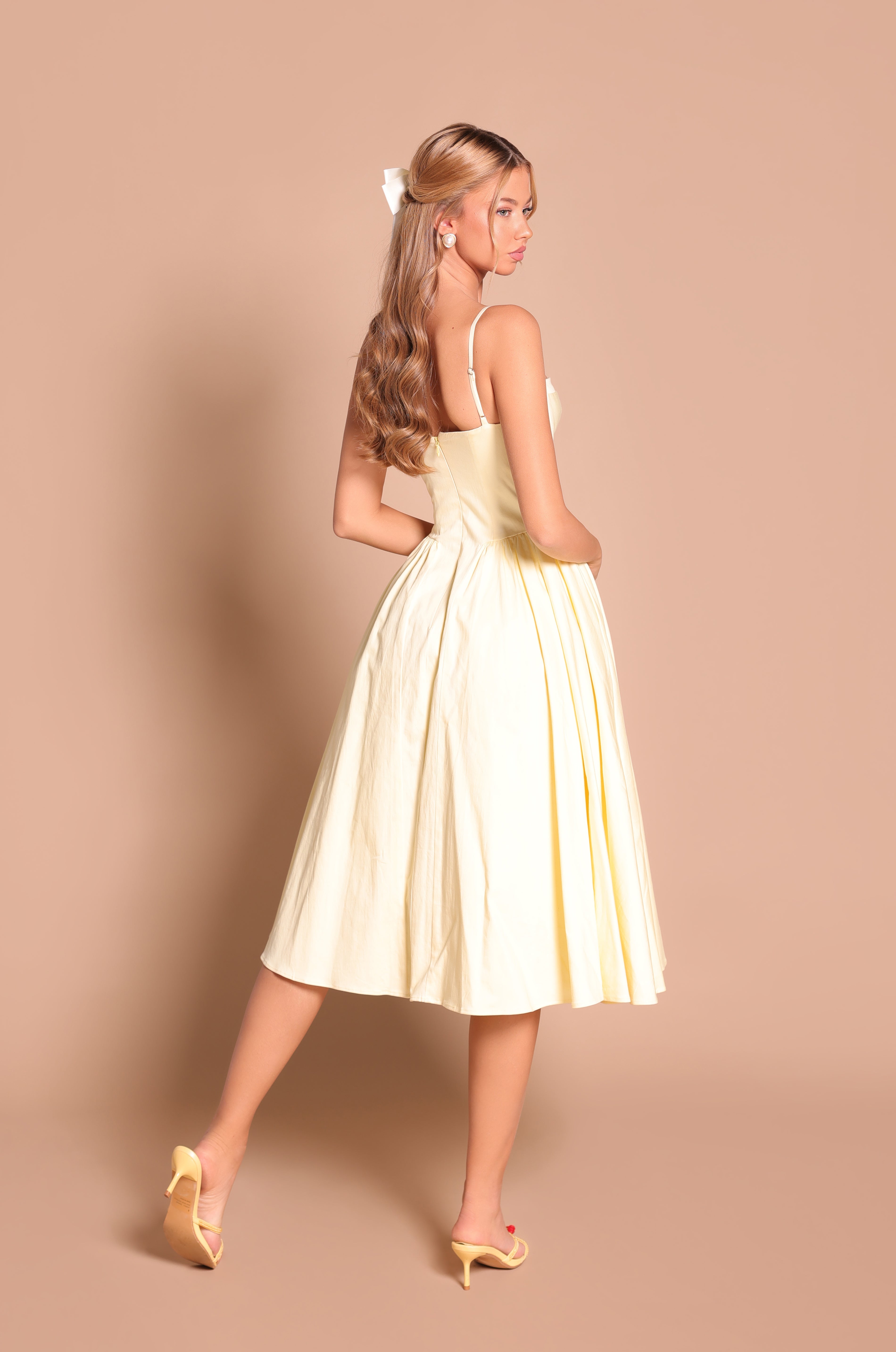 buttercup satin dress Buttercup Floral Satin Midi Slip Dress (Pale Butter Yellow) Small