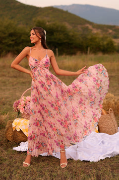 Open-Back Pleated Pink Floral Casual Summer Maxi Dress Blush Pink Floral / Large
