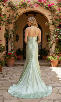 A woman in the Halter V-Neck Pleated Prom Dress: PromGirl Exclusive stands on a stone patio, facing away, with flowering vines and potted plants in the background.