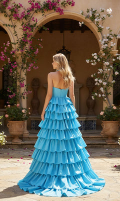 Ruffled Tiered Long Halter Corset Prom Dress with Bow Pink / 12 Ruffled Tiered Long Halter Corset Prom Dress with Bow Pink / 12