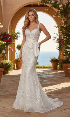 A woman in the PromGirl Exclusive 250061 long prom dress, featuring fitted ivory sequin lace and a large waist bow, stands outdoors by potted plants with the ocean in the background.