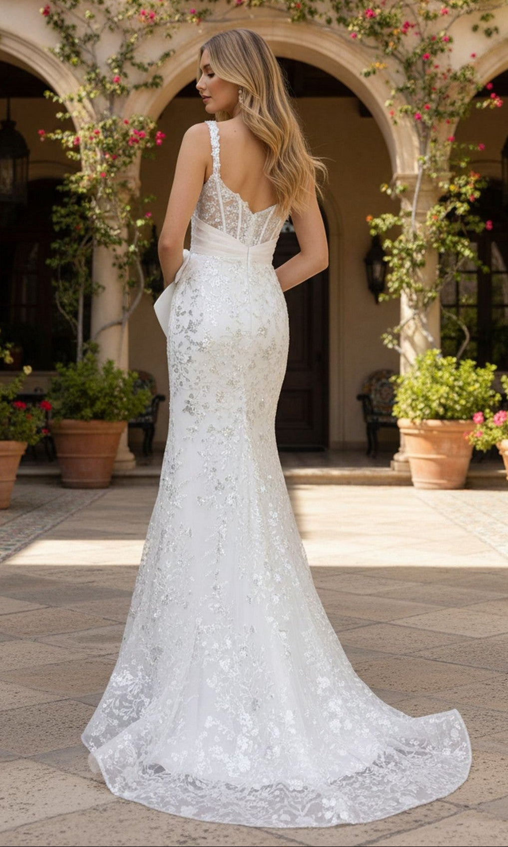 A woman stands outdoors on a tiled patio, facing away from the camera, wearing the PromGirl Exclusive 250061 Long Prom Dress featuring white lace, a corset bodice, and an elegant train.