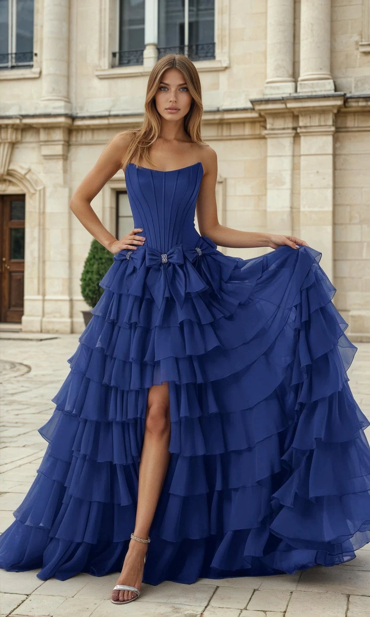 Woman wearing a navy blue ruffled dress standing in front of a building.