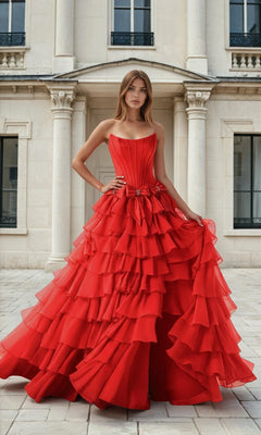 Woman in a red ruffled gown standing in front of a classical building.