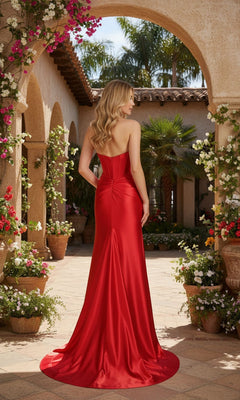 A woman stands in an outdoor courtyard wearing the PromGirl Exclusive Long Corset Prom Dress with Bow—a striking floor-length gown—surrounded by potted plants and elegant arches.
