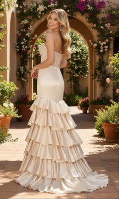 Wearing the PromGirl Exclusive 250081, a strapless mermaid prom dress with a sequin bodice and tiered ruffle skirt, a woman stands on a tiled patio among flowers and arches, glancing over her shoulder with a smile.