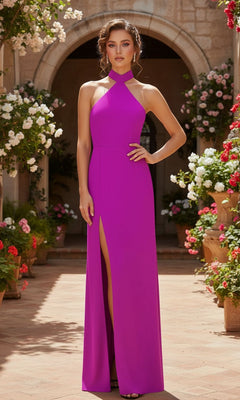 A woman stands outdoors before an arched doorway, wearing the PromGirl Exclusive Sleek Long Halter Prom Dress in magenta with a thigh-high slit, floor-length and sleeveless, surrounded by potted flowers.