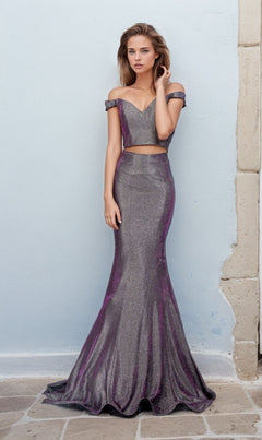two piece designer dress Off-Shoulder Two-Piece Long Prom Dress with Glitter Rose / XLarge