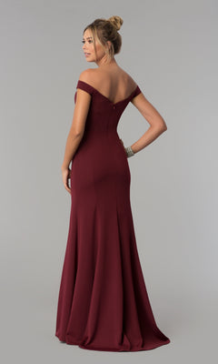 A woman with her hair in a bun models the Simple Off-the-Shoulder Long Formal Prom Dress 8160 in burgundy, standing with her back to the camera against a plain light gray background.