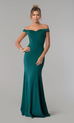A woman models the Simple Off-the-Shoulder Long Formal Prom Dress 8160, a fitted teal gown with a flared hem, against a plain grey background.
