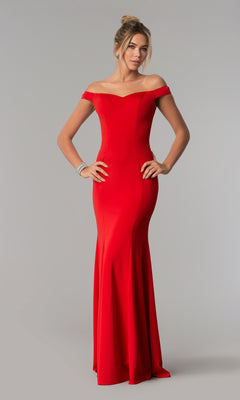 A woman poses with hands on hips in the Simple Off-the-Shoulder Long Formal Prom Dress 8160, a fitted red gown, set against a plain light gray background.