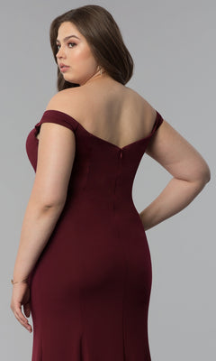 A woman models the Simple Off-the-Shoulder Long Formal Prom Dress 8160 in burgundy, standing with her back and side to the camera against a plain gray background.