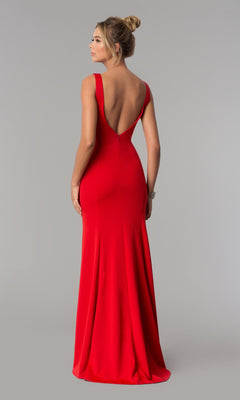 A woman models the Sheer-Sided Backless Long Formal Prom Dress 8168, a floor-length sleeveless red gown with a deep V-back, standing against a plain gray background.