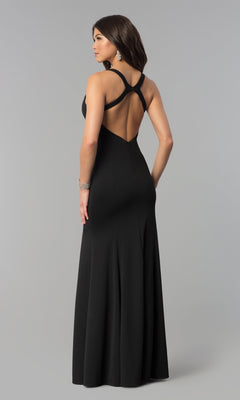 A woman models the Simple Sleeveless Long Jersey Prom Dress 8298, featuring a crisscross open back, against a plain gray background.