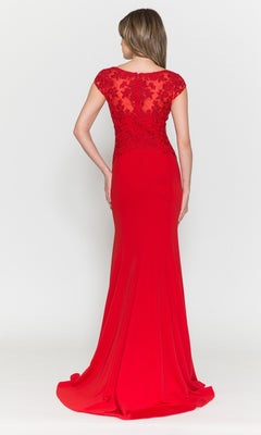 Illusion-Back V-Neck Long Jersey Prom Dress - PromGirl Illusion-Back V-Neck Long Jersey Prom Dress - PromGirl
