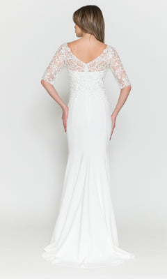 A woman wears the Embroidered Sheer-Sleeved Formal Prom Dress 8560, a floor-length white gown with lace half sleeves and a floral lace bodice, shown from the back against a plain background.