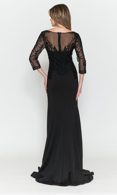 A woman models the Embroidered Sheer-Sleeved Long Prom Dress 8564, showing off its sheer sleeves and back panel as she stands with her back to the camera against a plain white background.