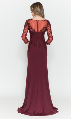 A woman models the Embroidered Sheer-Sleeved Long Prom Dress 8564, standing with her back to the camera and showcasing its sheer embroidered sleeves and back against a plain white background.