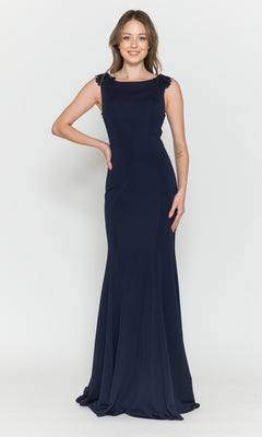 A woman poses against a white background wearing the High-Neck Simple Long Jersey Prom Dress 8566— a sleeveless, floor-length navy blue gown with subtle shoulder embellishments.