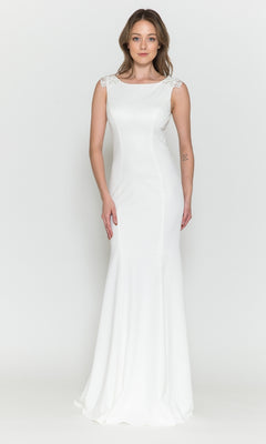 A woman poses against a white background in the High-Neck Simple Long Jersey Prom Dress 8566, a sleeveless, floor-length white gown with embellished shoulders.