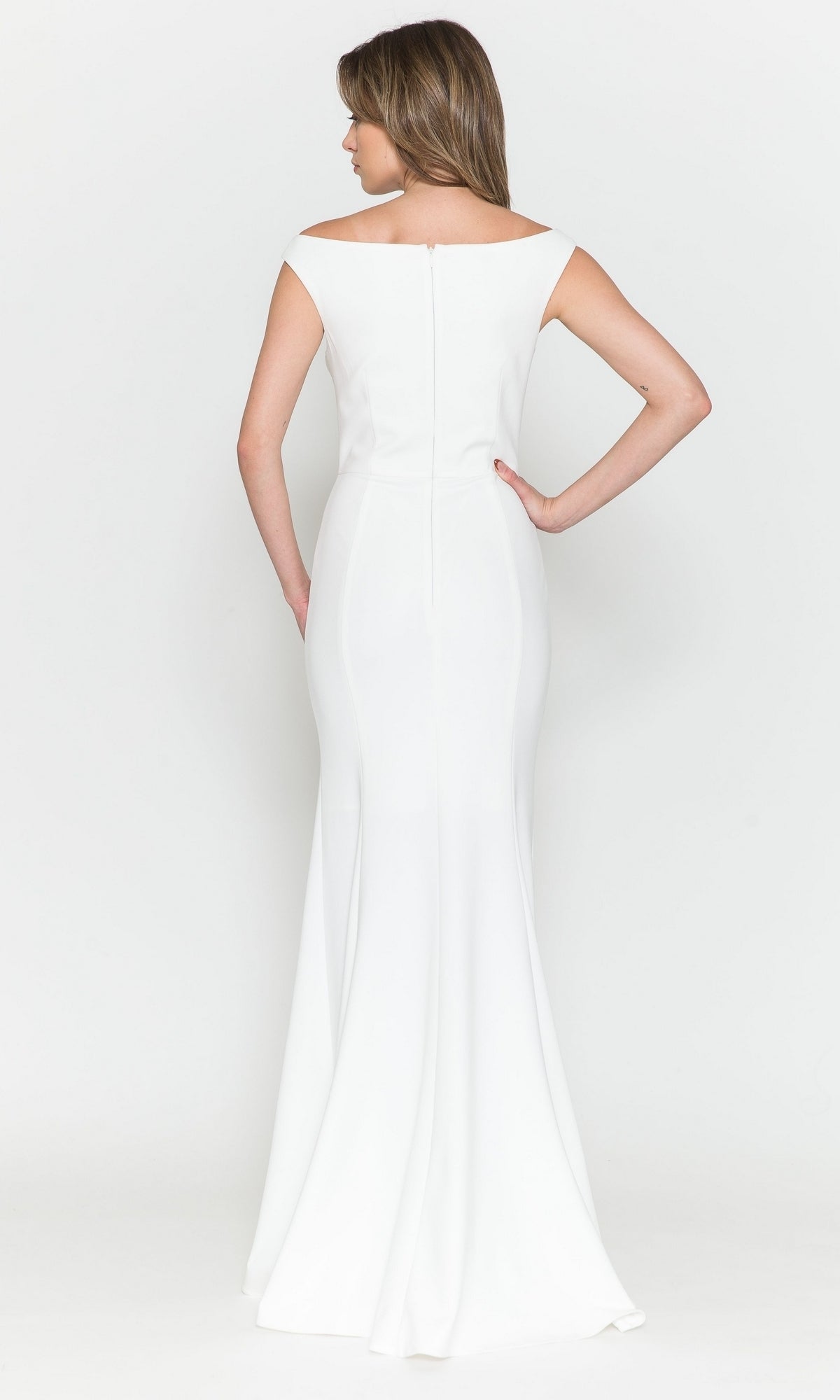 A woman stands with her back to the camera, modeling the Off-the-Shoulder Classic Long Prom Dress 8724 in white, a fitted, floor-length gown set against a plain white background.
