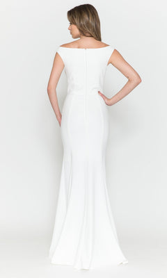 A woman stands with her back to the camera, modeling the Off-the-Shoulder Classic Long Prom Dress 8724 in white, a fitted, floor-length gown set against a plain white background.