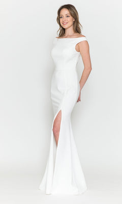 Woman models the Off-the-Shoulder Classic Long Prom Dress 8724 in white, featuring a floor-length silhouette and high side slit, set against a plain white background.