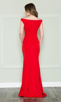 A woman faces away, wearing the Off-the-Shoulder Classic Long Prom Dress 8724 in red, featuring a fitted silhouette, floor-length design, and subtle seam details.