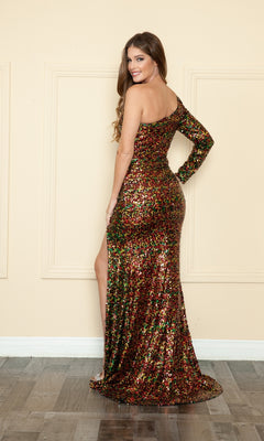A woman models the One-Long-Sleeve Long Sequin Prom Dress 9022 with red, gold, and green sequins as she stands on a wooden floor against a beige wall, smiling and looking over her shoulder.