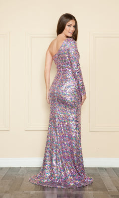 A woman stands on a wooden floor, looking over her shoulder, wearing the One-Long-Sleeve Long Sequin Prom Dress 9022 in pink and purple hues against a beige wall.