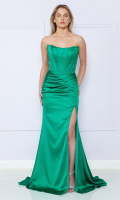 Woman modeling the Off-the-Shoulder Long Corset Prom Dress 9024 in emerald green satin, featuring a corset-style bodice and thigh-high slit, set against a plain white background.
