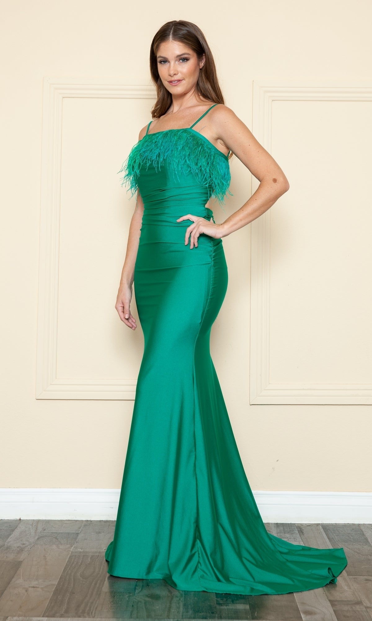Open-Back Long Prom Dress with Feathers - PromGirl Emerald / XSmall Open-Back Long Prom Dress with Feathers - PromGirl Emerald / XSmall