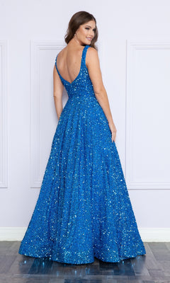 A woman stands on a wood floor facing away from the camera, wearing the Poly USA 9106 Velvet-Sequin Long A-Line Prom Gown featuring a sleeveless design, floor length, blue sequins, and a deep V-back.