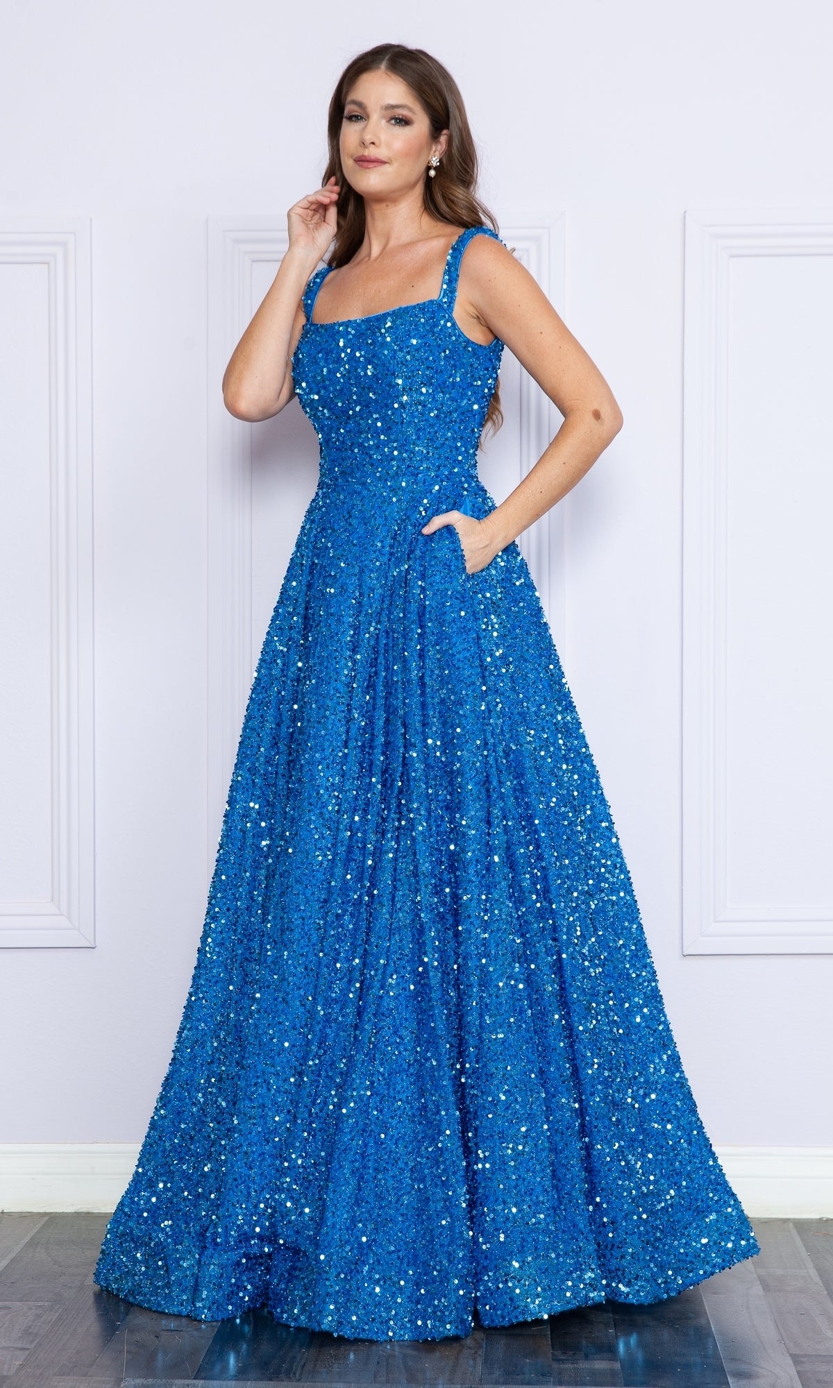 Sequin Blue Prom Dresses With Pockets Women's Half Sleeve Sequin Formal Prom Dress Evening Gown With Sequin Blue Prom Dresses With Pockets Women's Half Sleeve Sequin Formal Prom Dress Evening Gown With