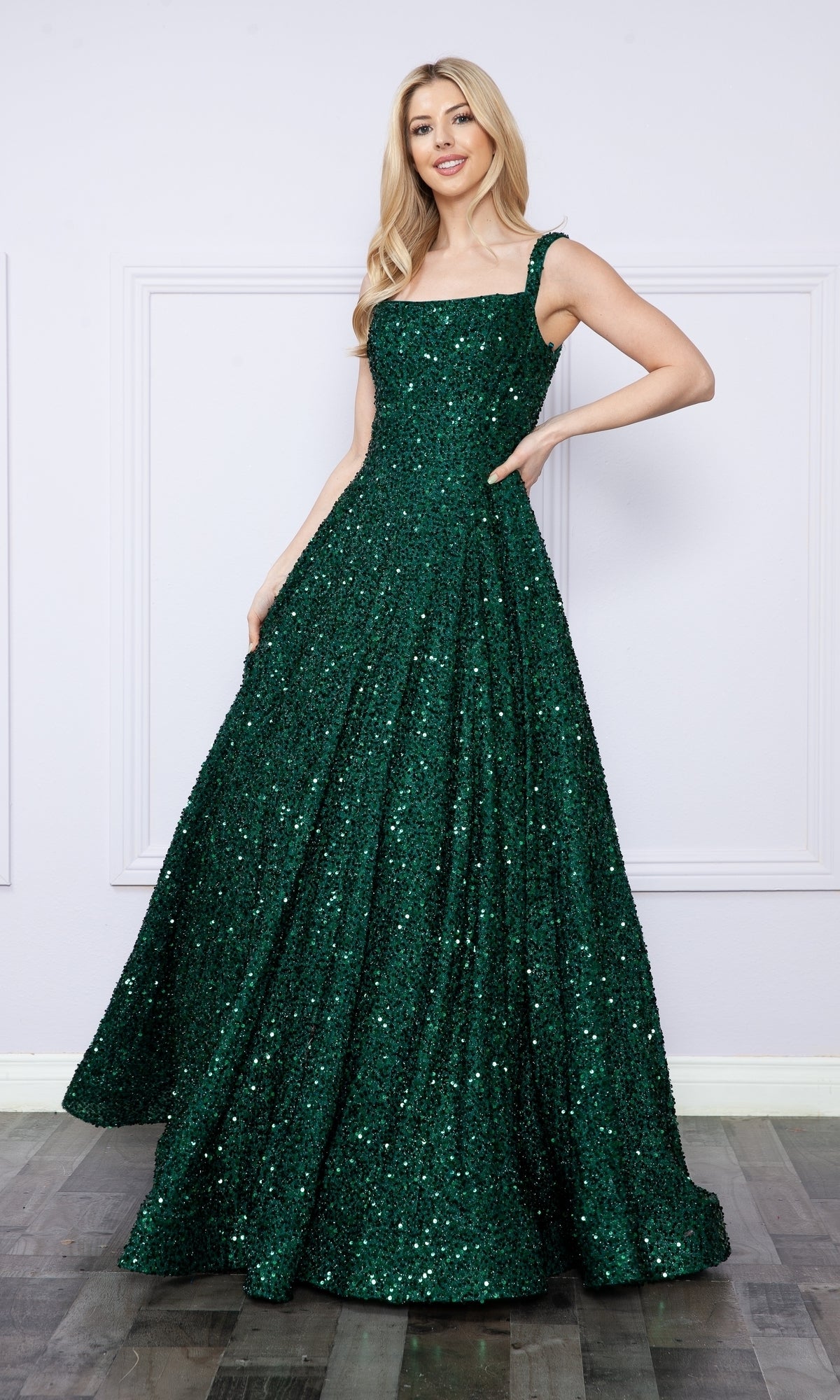 slim fit dress slacks Velvet-Sequin Long A-Line Prom Gown: Poly USA 9106 Emerald / XSmall