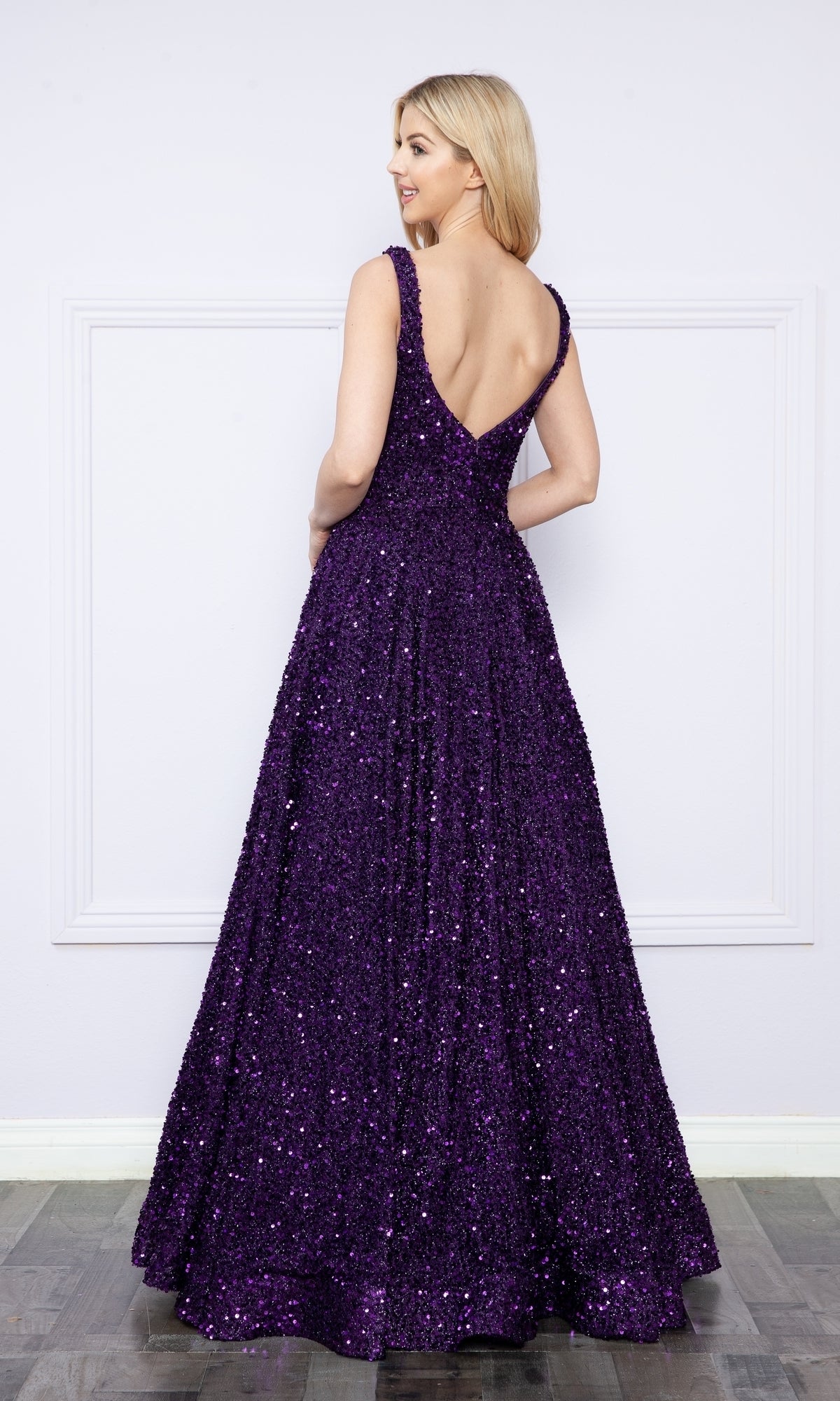 open lace back dress Long Sequin-Velvet A-Line Prom Dress with Pockets– PromGirl